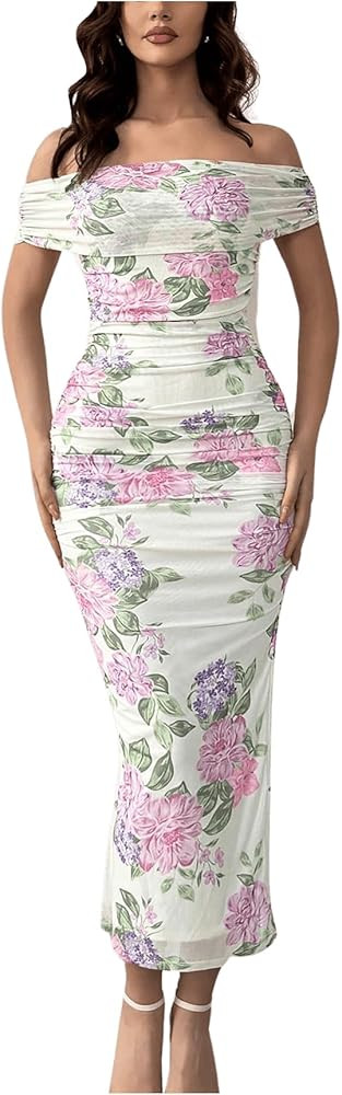 Floerns Women's Floral Print Off Shoulder Short Sleeve Ruched Bodycon Long Dress | Amazon (US)