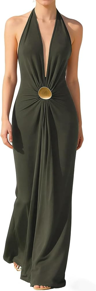 OYOANGLE Women's Deep V Neck Sleeveless Halter Maxi Dress Summer Backless Party Beach Vacation We... | Amazon (US)