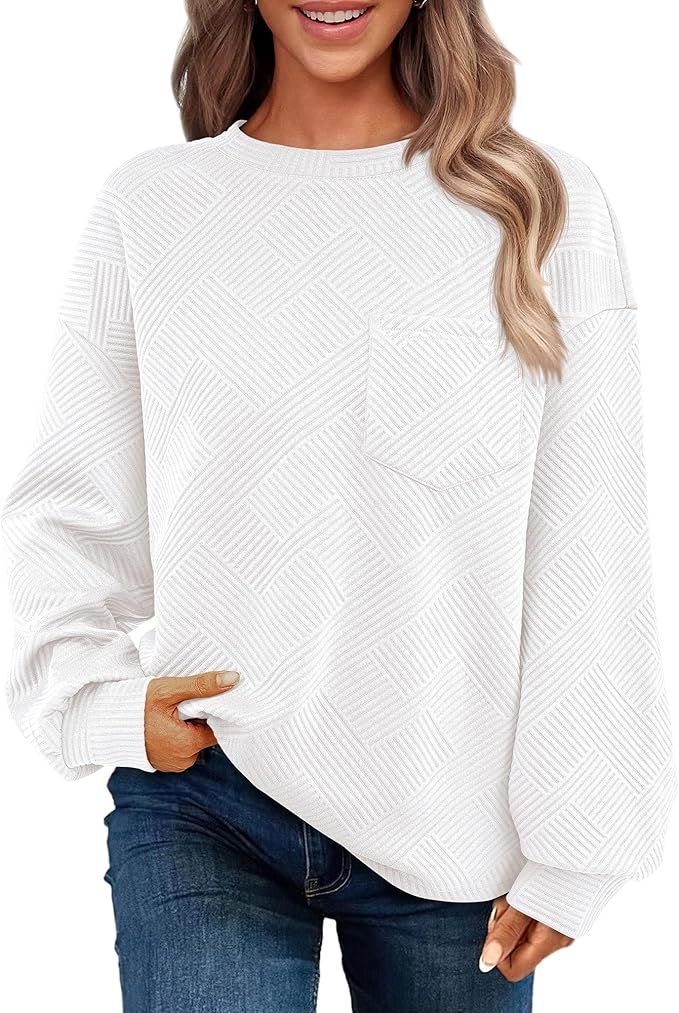 BTFBM Women's Casual Textured Sweatshirts 2024 Fall Winter Long Sleeve Drop Shoulder Crew Neck Pu... | Amazon (US)