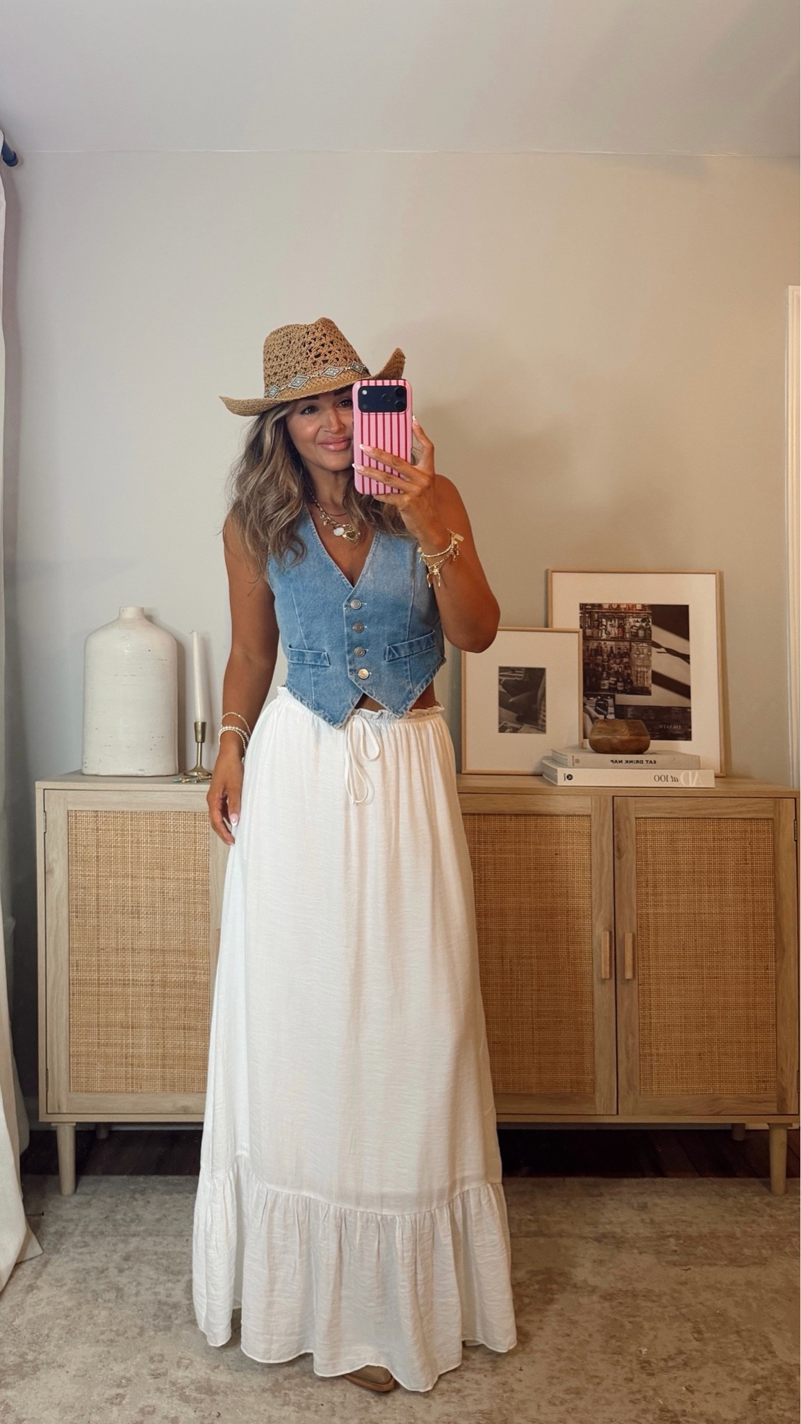 40% off with LEANN40, when expired use code LEANN35 a denim vest + white maxi skirt. this maxi skirt is a MUST!! it’s lightweight, has an adjustable waist, perfect length. i’m in a size S top, M skirt. summer outfit, country concert @VICI

#LTKootd