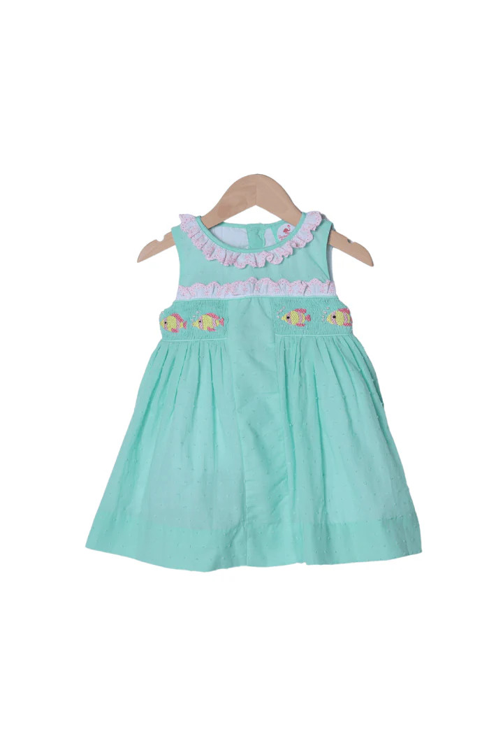 Smocked Fish Mint Swiss Dot Dress | The Smocked Flamingo