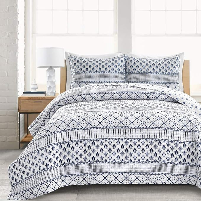Lush Decor Monique Stripe Quilt Navy/White 3Pc Set Full/Queen | Amazon (US)