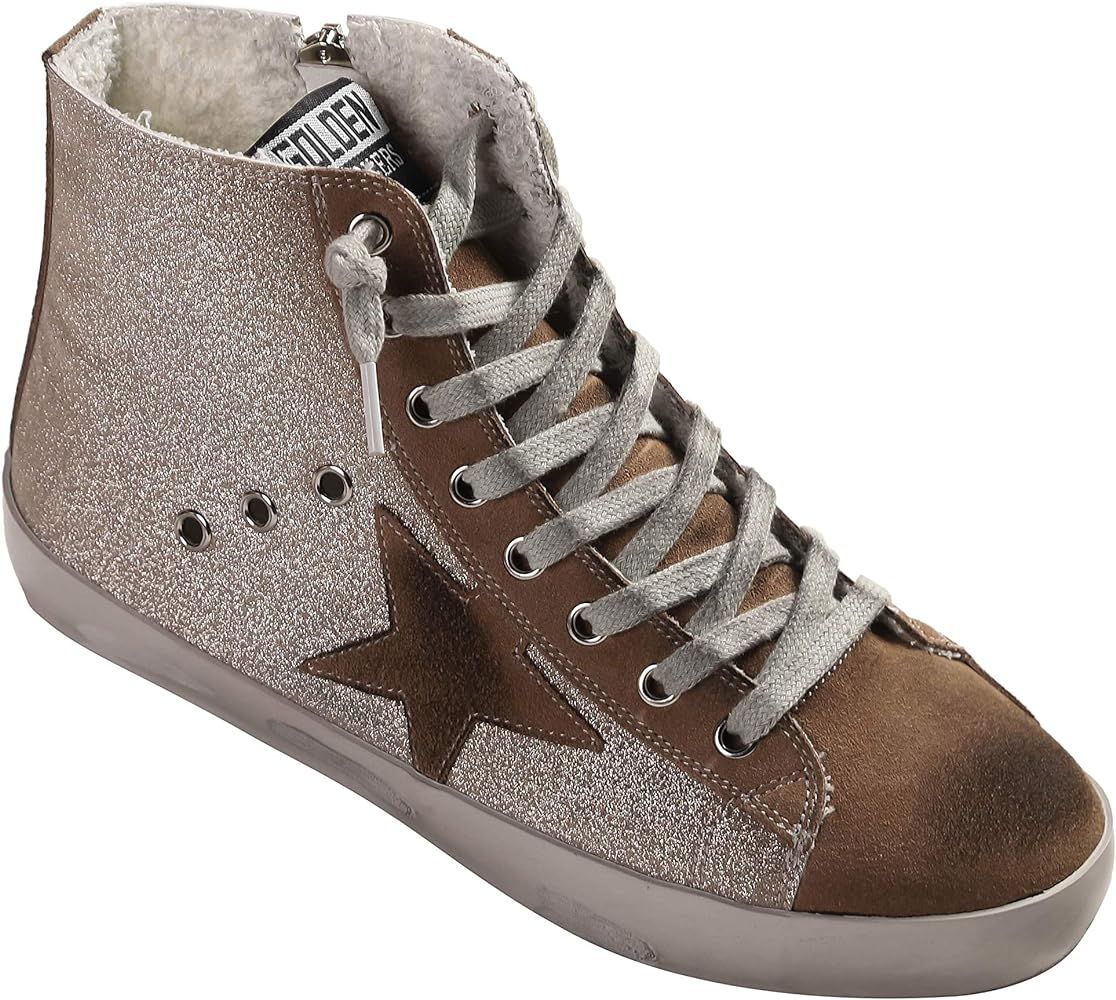 SATUKI Women's Distressed Design Lace up Star Glitter Shoes High Top Fashion Flat Sneakers | Amazon (US)