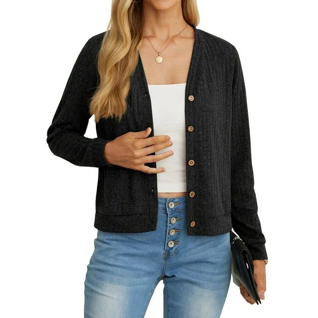 JWD women's fashionable ropped black cardigan, button up long sleeved sweater with pockets | Walmart (US)