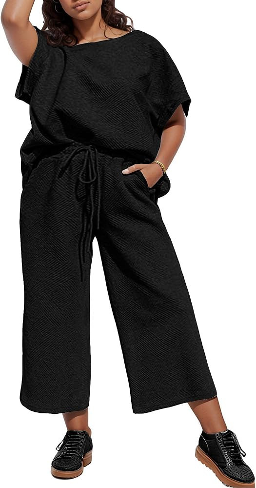 UOUA Womens Plus Size Sweatsuit 2 Piece Outfits Summer Short Sleeve Tops Wide Leg Pants Tracksuit... | Amazon (US)