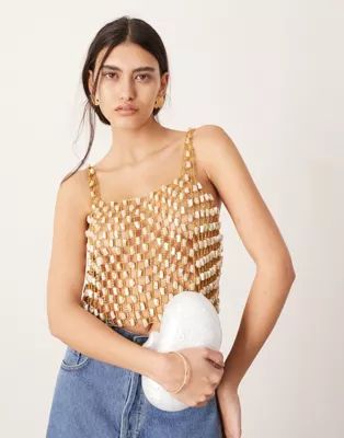 ASOS EDITION embellished pearl and chain sleeveless crop top in gold | ASOS | ASOS (Global)