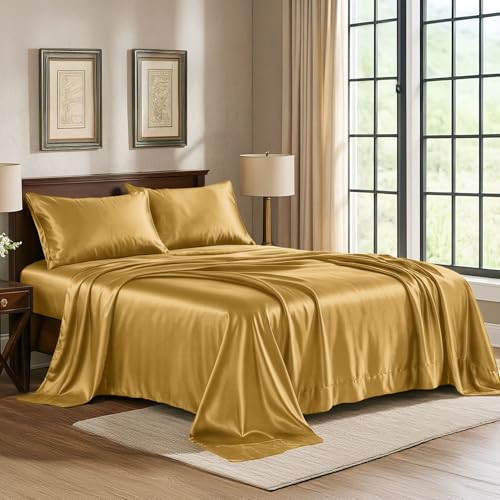 Satin Sheets Queen [4-Piece, Gold] Hotel Luxury Silky Bed Sheets - Extra Soft 1800 Microfiber Sheet Set, Wrinkle, Fade, Stain Resistant - Deep Pocket Fitted Sheet, Flat Sheet, Pillow Cases | Amazon (US)