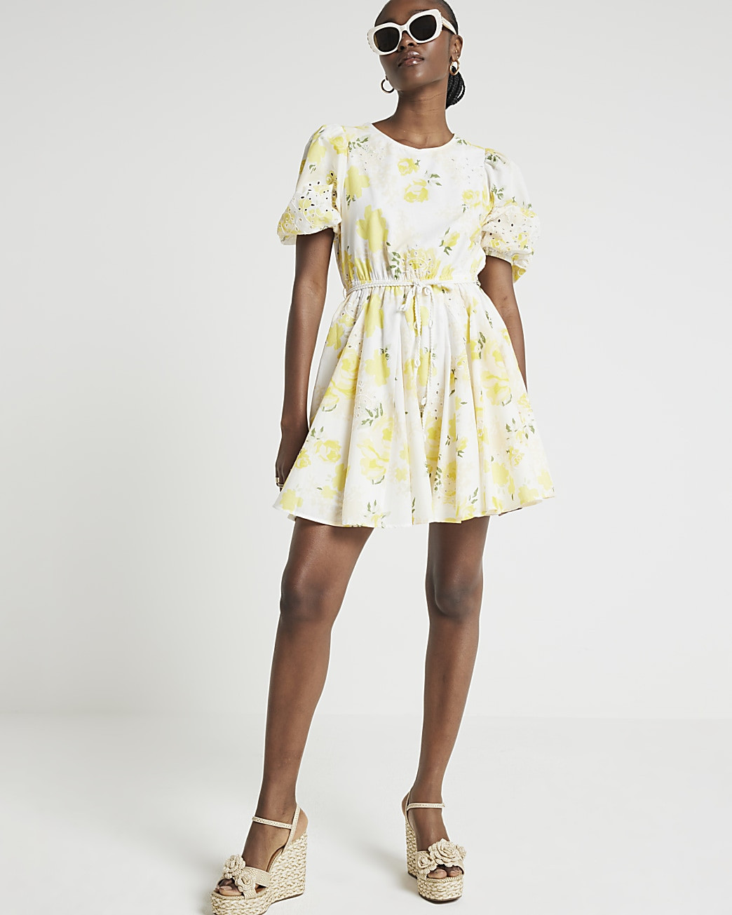 Yellow floral puff sleeve swing mini dress | River Island (UK & IE)