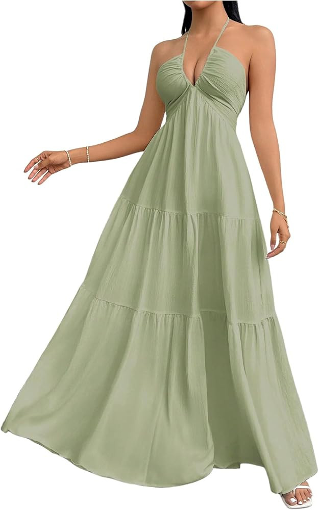 SHENHE Women's Deep V Neck Tie Knot Backless Halter Dress A Line Flowy Ruffle Maxi Dress | Amazon (US)