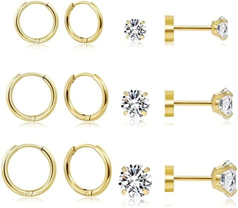 Dainty 6 Pairs Surgical Steel Earrings Sets for Multiple Piercing, Lightweight 14K Gold Plated Sm... | Amazon (US)