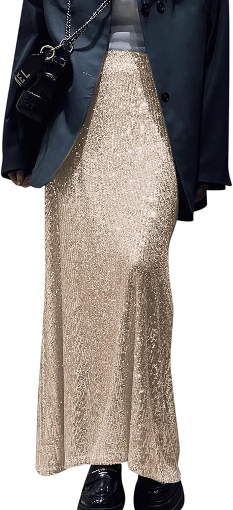 Women's Shiny Sparkly Sequin Maxi Skirt Sexy Glitter High Waist Stretchy Long Skirts Night Out Bo... | Amazon (US)
