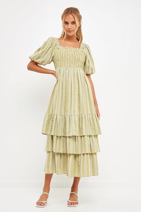 English Factory Women's Gingham Striped Multi Tiered Maxi Dress | Amazon (US)