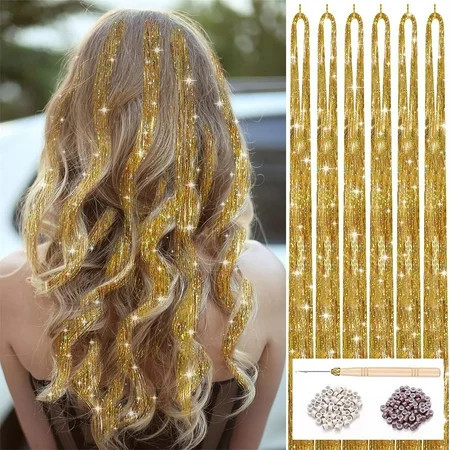 6Pcs Hair Tinsel Kit with Tool 1200 Strands Hair Tinsel Heat Resistant Tinsel Hair Extensions Sparkling Shiny Glitter Fairy Hair for Women Girls Kids (Champagne Gold) | Walmart (US)