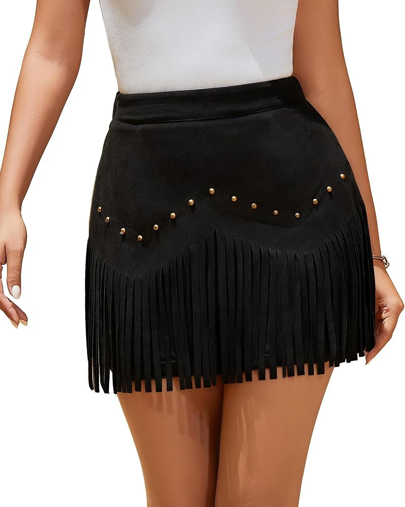 Women Suede Fringe Mini Skirt with Rivets High Waist Elastic Western Cowgirl Skirts with Zipper C... | Amazon (US)