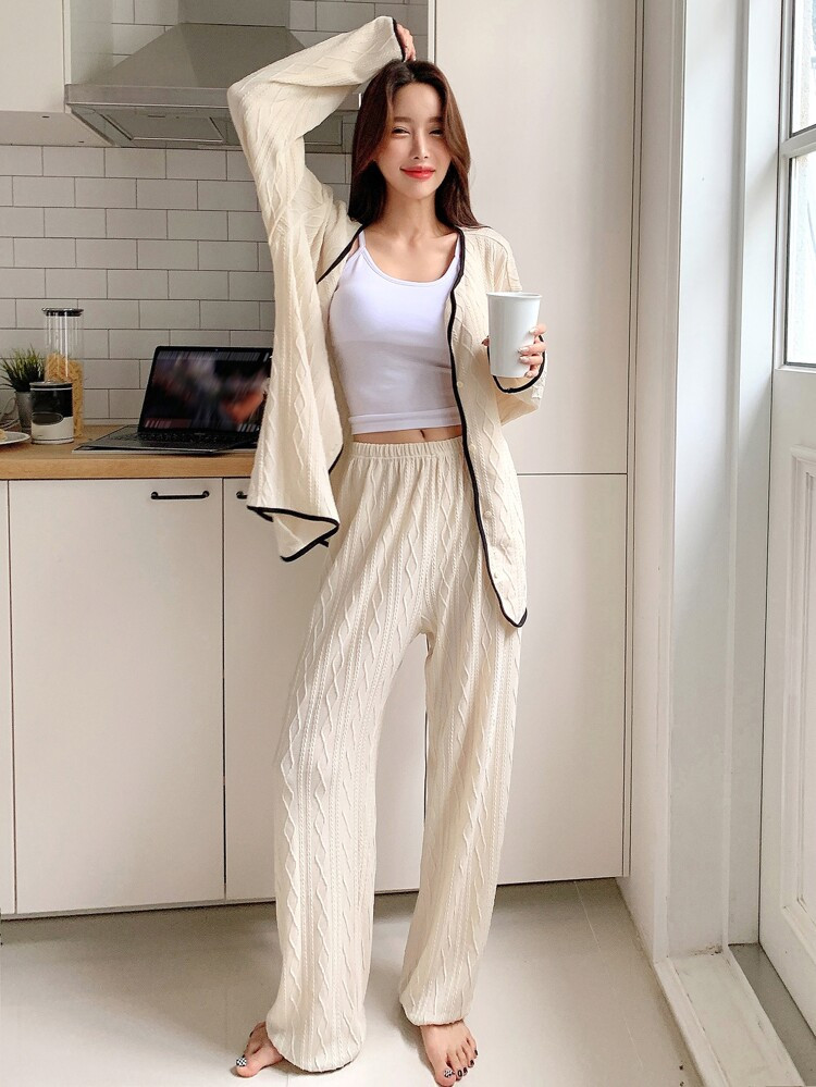 DAZY Textured Binding Trim Pajama Set | SHEIN