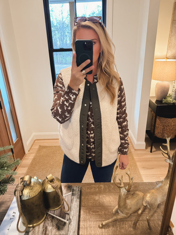 Printed silk shirt and cozy reversable vest 

 #LTKSeasonal