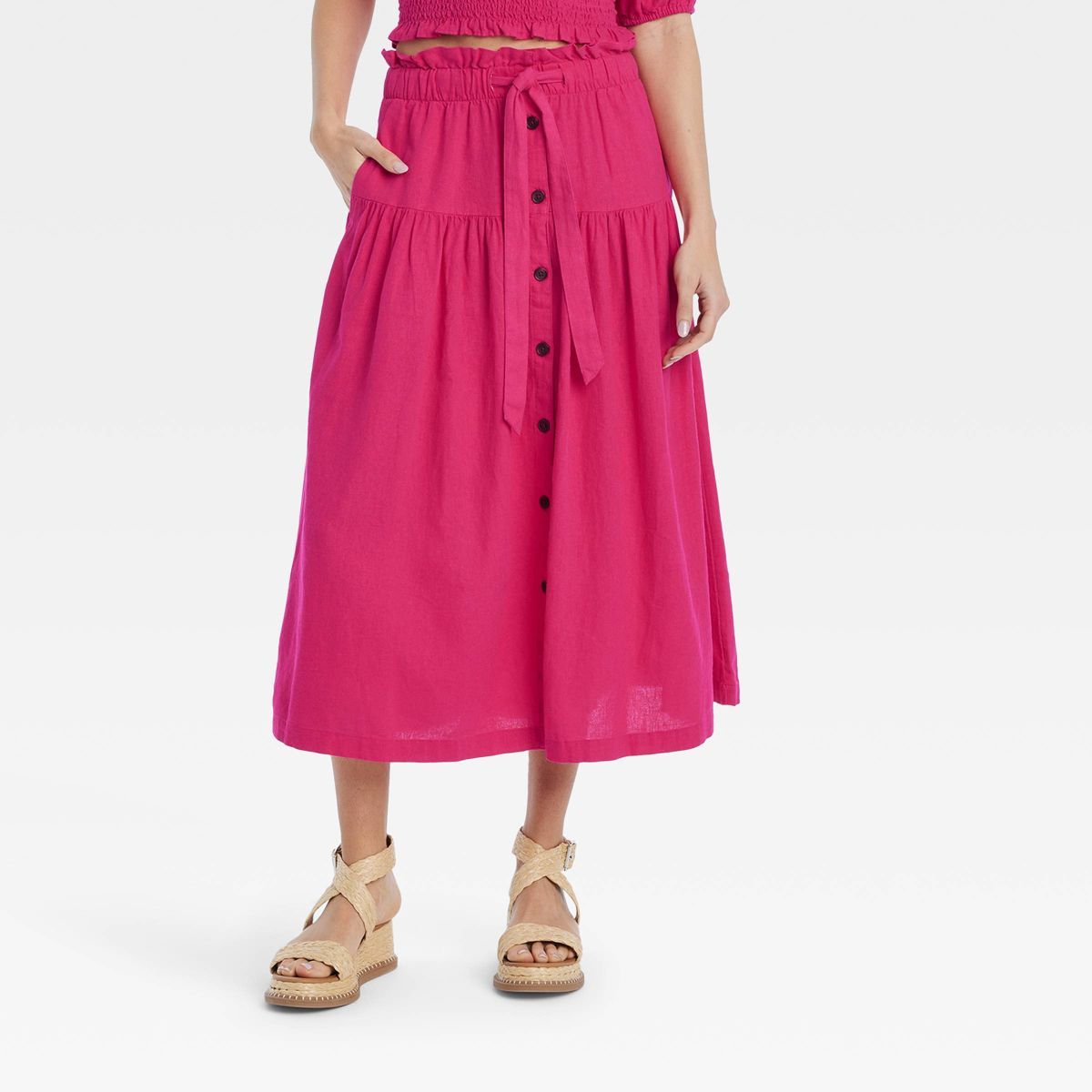 Women's Tie Waist Button-Front Midi Skirt - Universal Thread™ Pink XS | Target