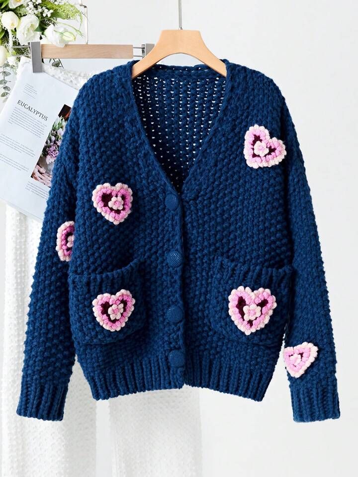 SHEIN Essnce Women's Navy Blue Heart Pattern Knit Cardigan Sweater | SHEIN