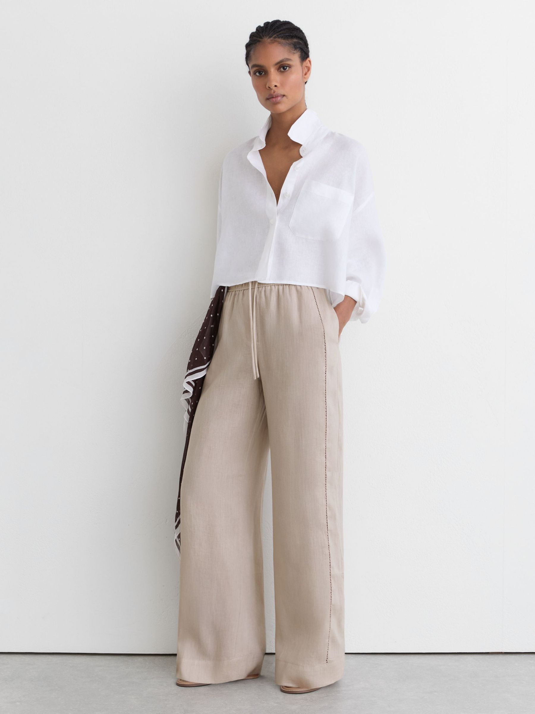 Reiss Linen Ladder-Embroidery Wide-Leg Trousers in Neutral - REISS | Reiss UK