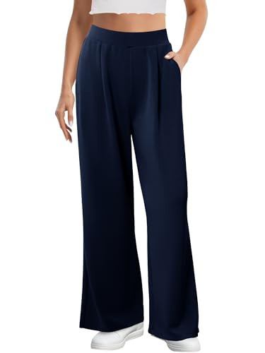 Angerella Navy Blue Pants for Women Ladies Stretchy Wide Leg Lounge Trousers Casual Comfy High Waist Loose Work Pants with Pockets XL | Amazon (US)