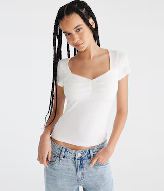 Pointelle Cinch V-Neck Top | Aeropostale