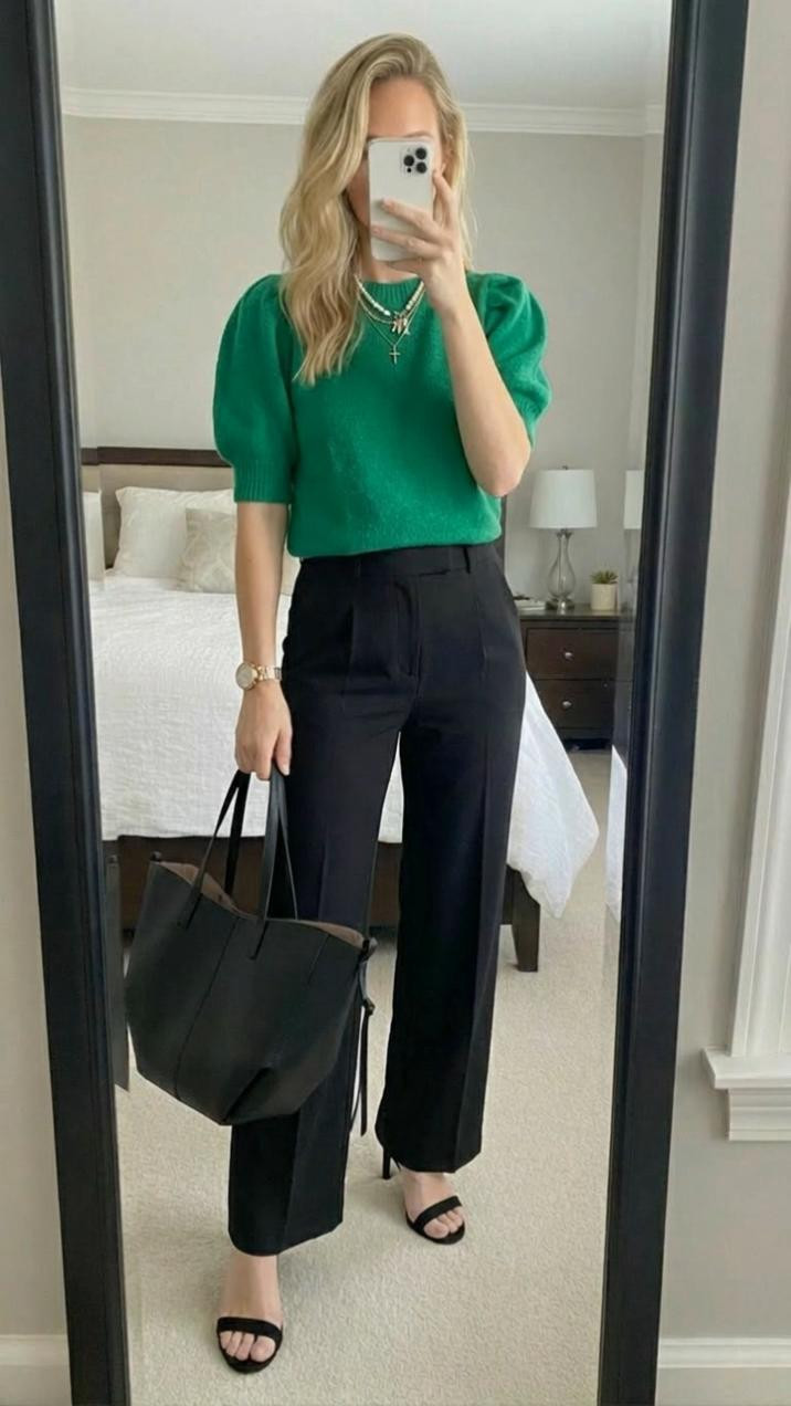 The pop-of-color outfit you didn’t know you needed 💚

This emerald green puff sleeve sweater instantly elevates classic denim. The structured shoulder detail gives it that polished feel, while the fitted silhouette keeps it flattering and feminine.

Paired with:
• high-rise trousers
• minimal black strappy heels
• a classic black tote
• layered gold jewelry

It’s the perfect mix of bold + timeless.

Perfect for:
• elevated casual outfits
• brunch outfit ideas
• fall denim looks
• business casual with jeans
• statement sweater outfits
• capsule wardrobe with color
• chic everyday style
• wide leg jeans outfit ideas

Adding one rich, saturated color to your basics completely transforms the look — and this green is such a standout shade for fall and winter.

Simple formula: statement knit + great denim + sleek accessories 💚

#greenoutfit #widelegjeans #elevatedcasual #fallstyle #businesscasual #statementknit #denimoutfit #capsulewardrobe #chicstyle #minimalfashion #ltkstyle #modernclassic 

 

#LTKmomlife #LTKWorkwear #LTKspringtrends