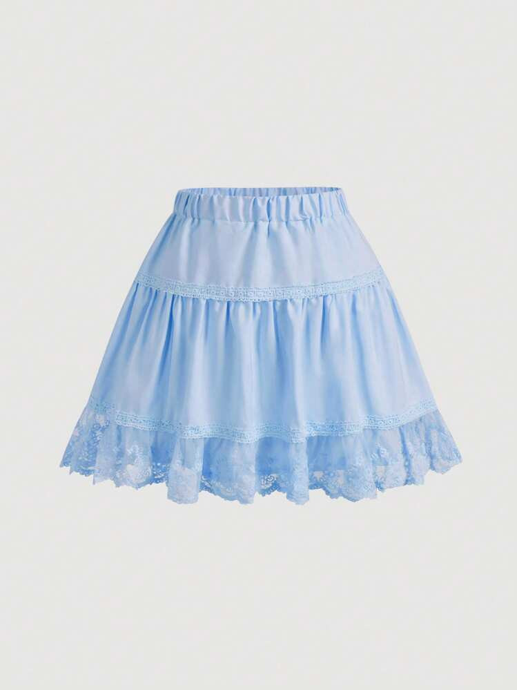 SHEIN MOD Solid Color Blue Lace Patchwork Retro Women's A-Line Skirt | SHEIN