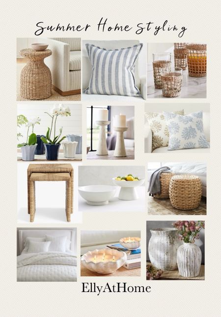 Summer home decor accessories from Pottery Barn. Transition from spring with summer coastal decor, throw pillows, vase, candle, candleholders, woven tables, pouf. Some selections on sale. 

#LTKSaleAlert #LTKFindsUnder50 #LTKHome