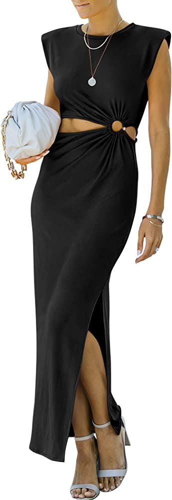 ANRABESS Women Summer Sleeveless Padded Shoulder Cutout Sexy Slim Fit Maxi Slit Dress | Amazon (US)