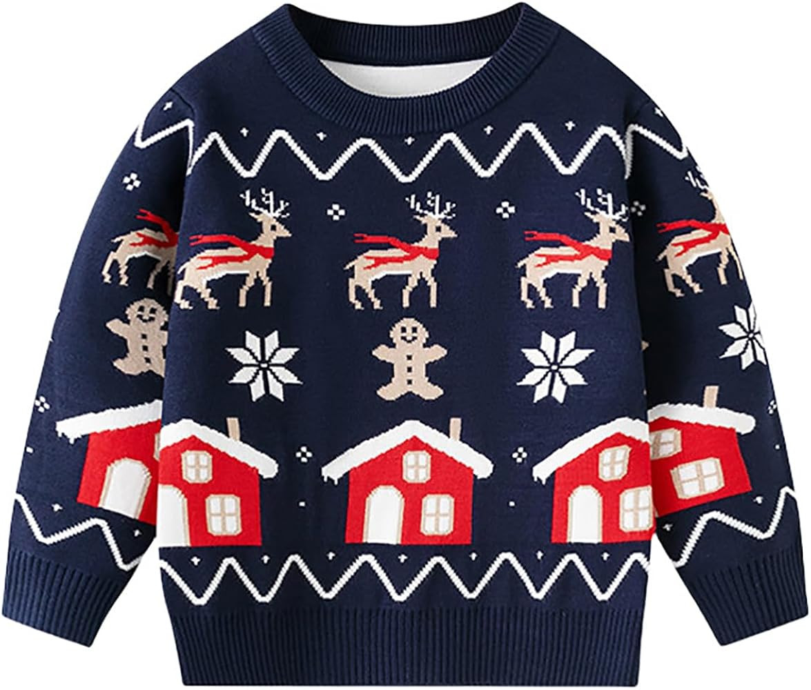 Toddler Boys Long Sleeve Pullover Sweaters Kids Winter Knit Cotton Crewneck Sweatshirt | Amazon (US)
