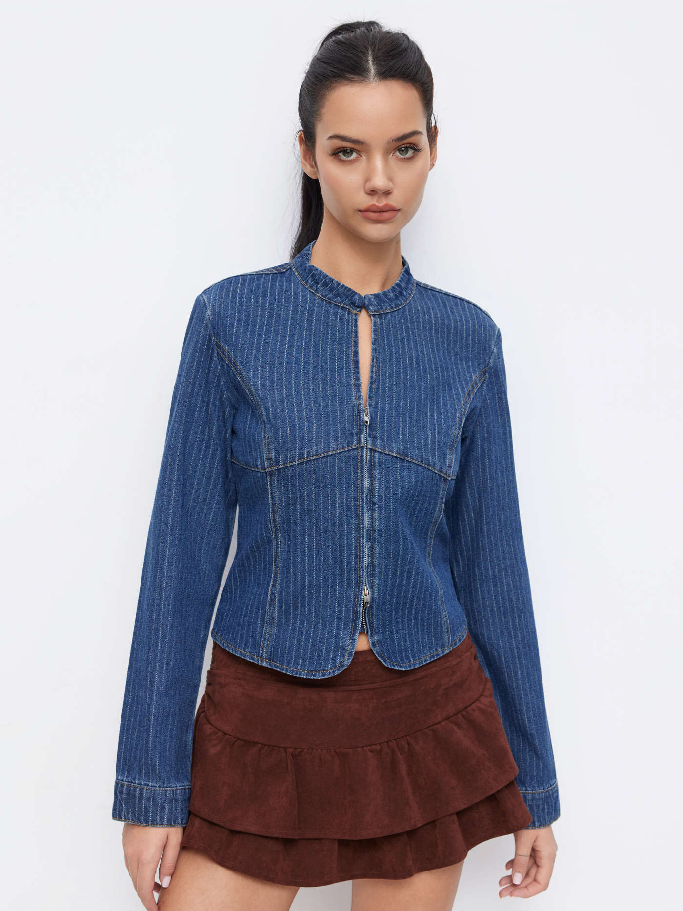 Denim Denim Mandarin Collar Long Sleeve Striped Cut Out Blouse For Work | Cider
