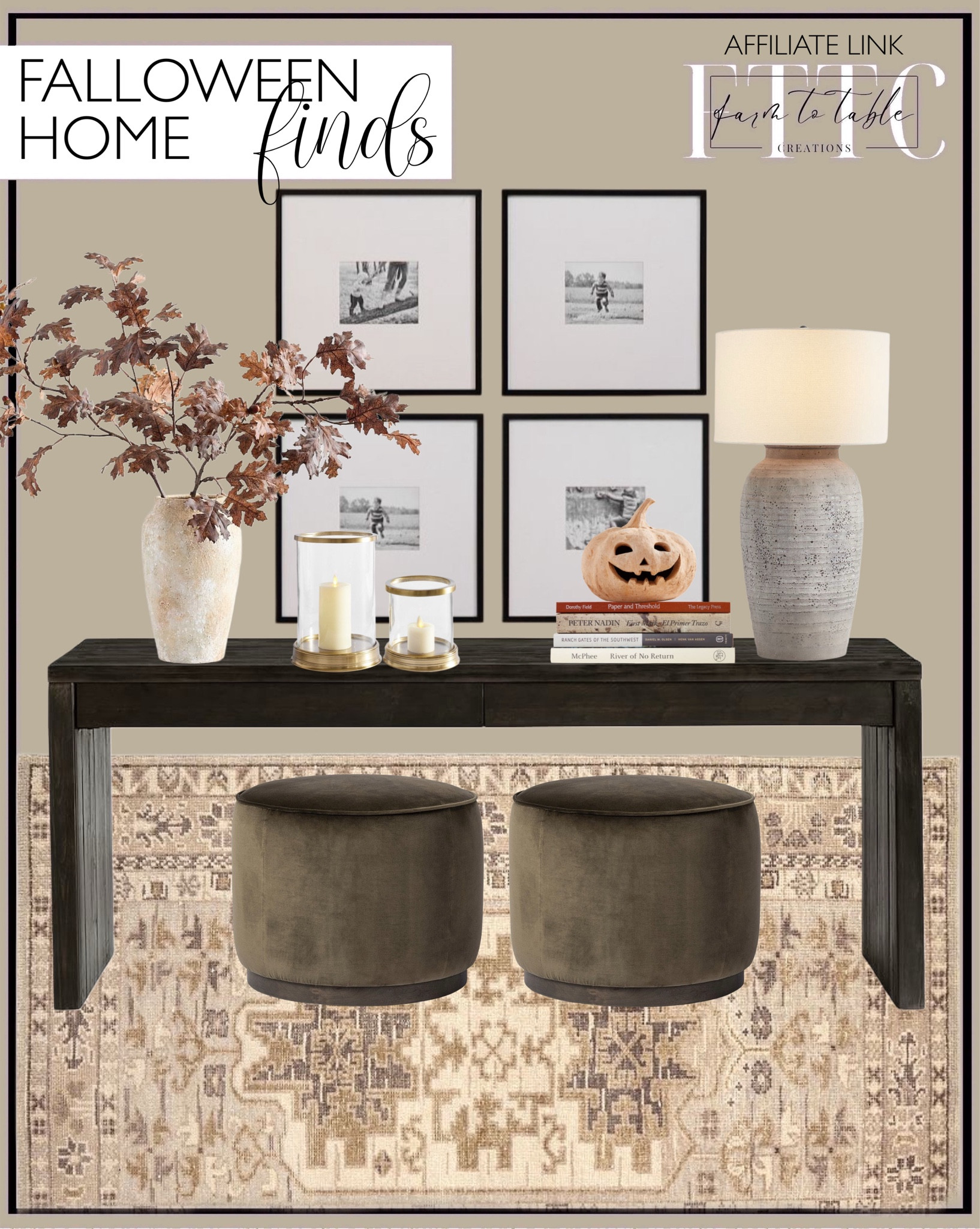 Falloween Console Table & Decor.  Follow @farmtotablecreations on Instagram for more inspiration.

Pismo Reclaimed Wood Console Desk.  Arroyo Round Ottoman. Gallery Wall Frames. Faux Oak Branch With Acorns. Artisan Vase. Daphne Hurricane. Premium Flickering Flameless Wax Votive Candle - Set Of 4. Modern Cloth Colorstak Book Sets. Handmade Terracotta Jack O' Lantern. Arlet Hand-Knotted Wool Rug. 

Console Table. Console Table Decor. Fall Decor. Halloween Decor. Fall Stems. Entryway Decor. Neutral Home Decor. Pottery Barn. Pottery Barn Decor. 


#LTKSaleAlert #LTKHome #LTKFindsUnder50