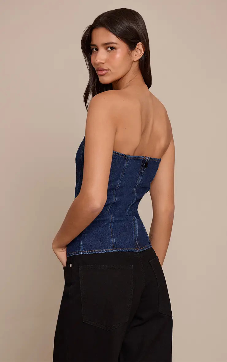 Indigo Strapless Bustier Detail Denim Corset Top | PrettyLittleThing USA | PrettyLittleThing US