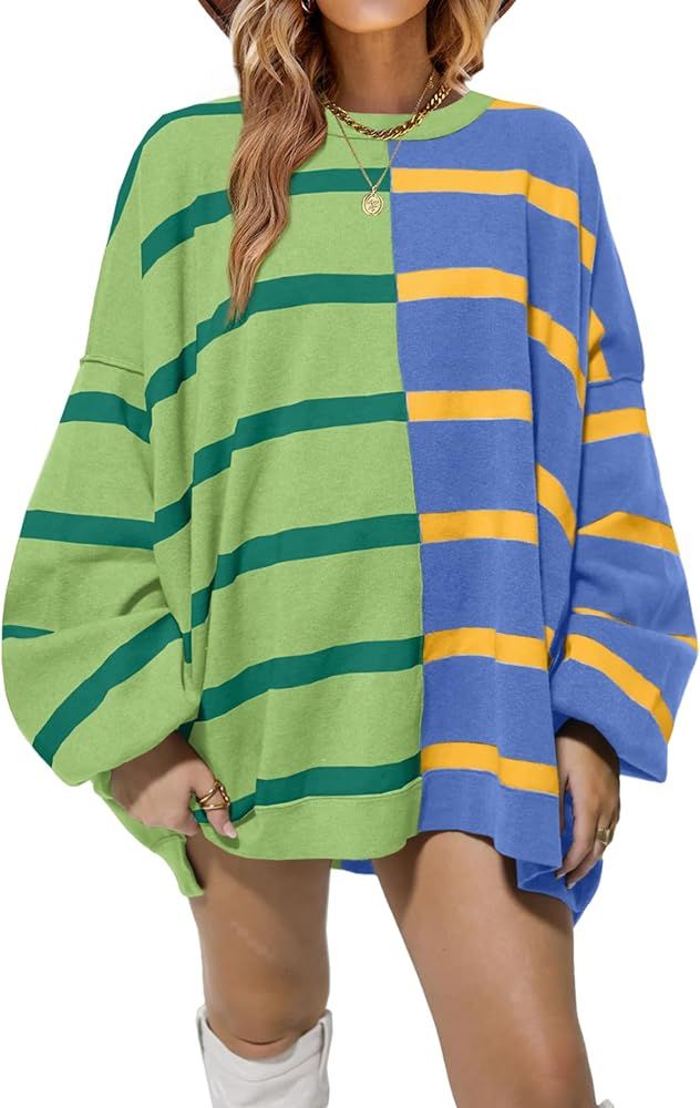 Fisoew Womens Striped Pullover Sweater Crew Neck Long Sleeve Knitted Color Block Casual Loose Lightw | Amazon (US)