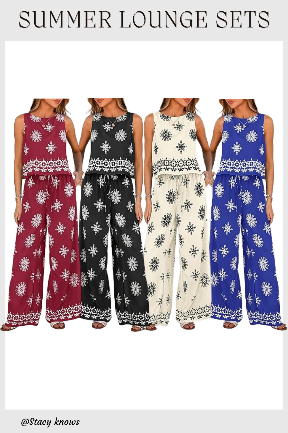 The ultimate vacation uniform has arrived! This boho two-piece lounge set is a total dream for summer. Featuring a breezy floral tank top and matching flowy, wide-leg pants, it’s the perfect blend of comfort and style. Wear it as a chic beach coverup, style it for a casual resort dinner, or throw it on for an effortlessly comfy flight outfit. 
#LTKtravel #ResortWear #VacationOutfits #BohoStyle #LoungeSet #SummerFashion #BeachVibes #FlowyPants #LTKunder100 

 #LTKootd #LTKSeasonal #LTKPlusSize