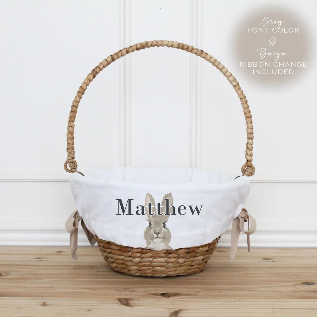 Personalized Bunny Easter Basket Liner With Beige Ribbon • Neutral White Basket Liner for Boys ... | Etsy (US)