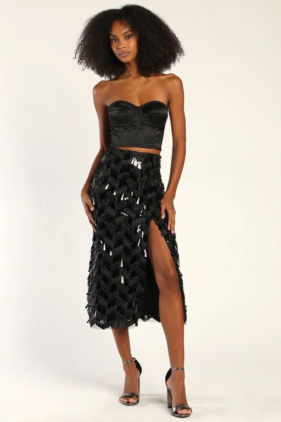 Shimmer With Me Shiny Black Sequin Midi Skirt | Lulus (US)