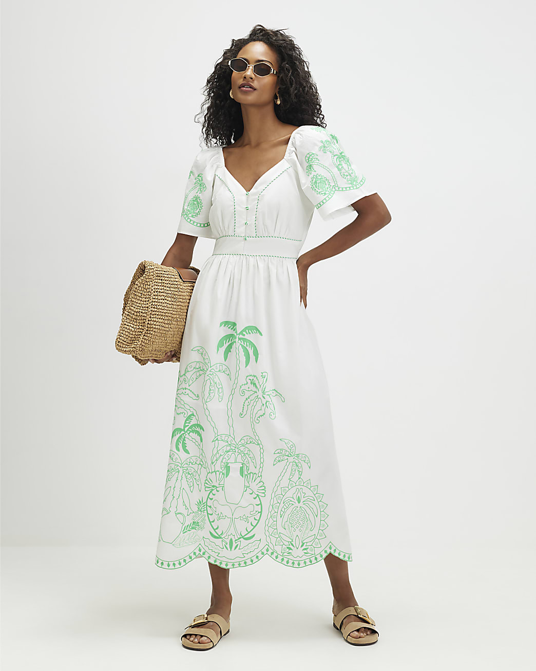 White Cotton Palm Embroidered Maxi Dress | River Island UK & IE