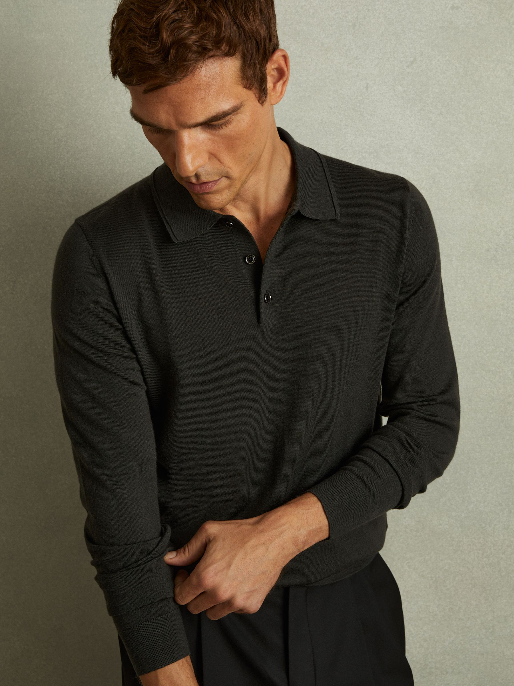 Merino Wool Polo Shirt in Dark Military Green | Reiss UK