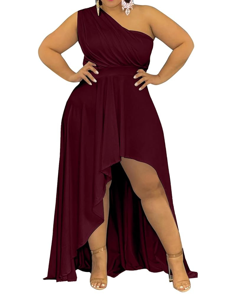 Ekaliy Women's Plus Size One Shoulder Dress Sexy High Low Irregular Hem Flowy Party Cocktail Maxi... | Amazon (US)