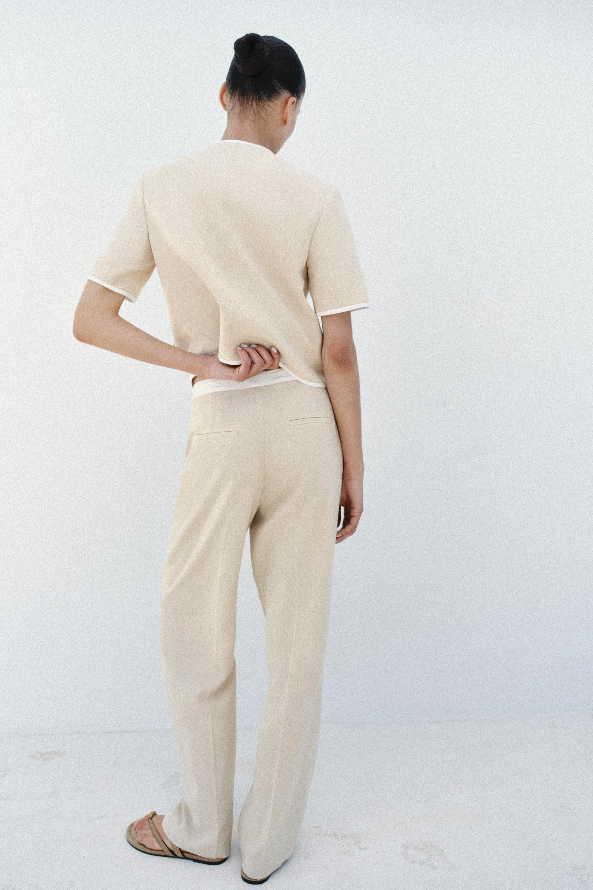STRAIGHT-LEG LINEN BLEND TROUSERS WITH CONTRAST WAIST | Zara UK