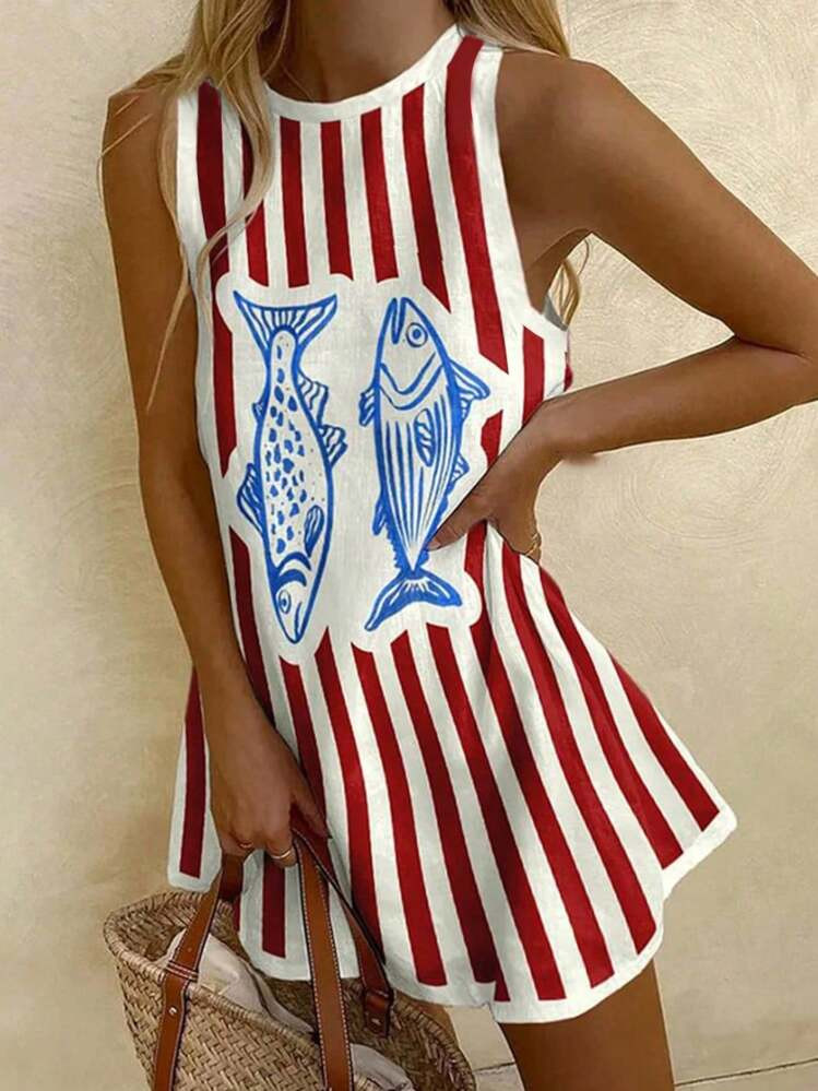 SHEIN EZwear Women Casual Minimalist Vacation Vintage Striped Fish Print Short Dress, Suitable For Summer Red White Blue Dress Red White And Blue Dress Fish Print Dress Striped Dress Nautical Dress Chic Dress
 | SHEIN