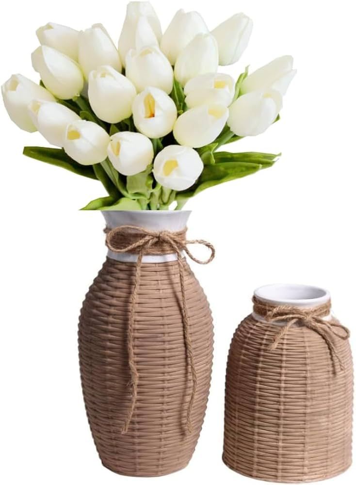 TERESA'S COLLECTIONS Brown Vase, Rustic Farmhouse Rattan Ceramic Vases for Tulip Flowers and Pamp... | Amazon (US)