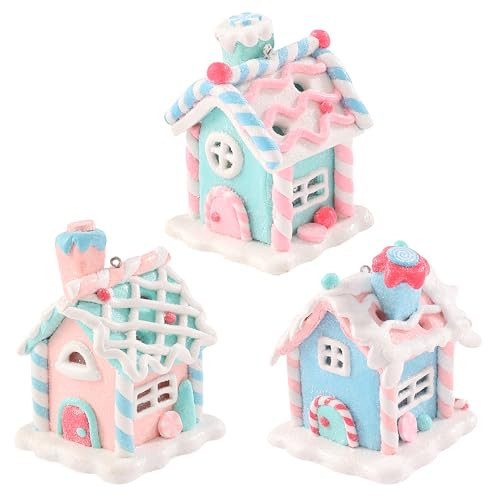 3Pcs Pastel Candy House Christmas Tree Ornaments with Lighted LED, Clay Gingerbread House Hanging Ornaments with Rope for Xmas Tree Holiday Party Home Decoration | Amazon (US)