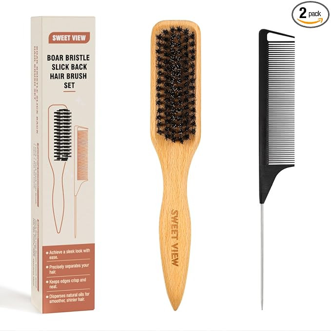 SWEET VIEW Boar Bristle Slick Back Hair Brush for Smooth Flyaways, Frizz, Sleek Ponytail, Buns an... | Amazon (US)