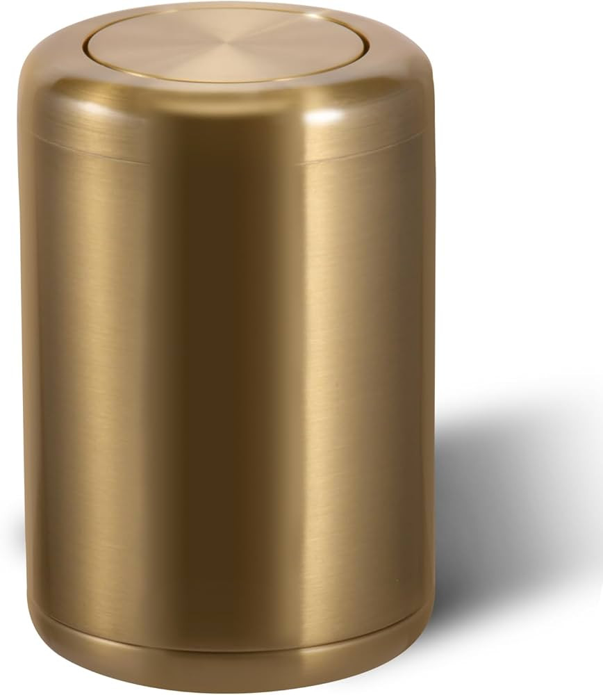 Waste Can 3 Gallon with Swing Lid，Brushed Stainless Steel Gold Trash Can，Metal Cylindrical Ga... | Amazon (US)
