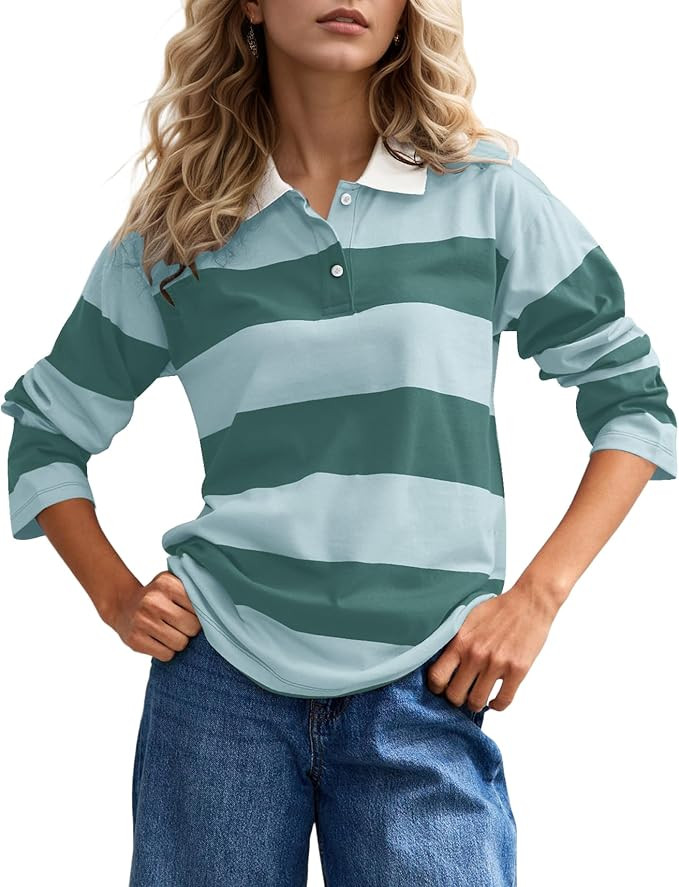 MISSACTIVER Womens Striped Polo Long Sleeve Shirts Color Block Lapel V Neck Workout Tops Fall Loo... | Amazon (US)