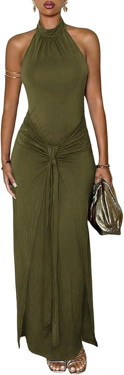 Milumia Women's Tie Knot Bodycon Halter Dress Sleeveless Backless Long Dresses Cocktail | Amazon (US)
