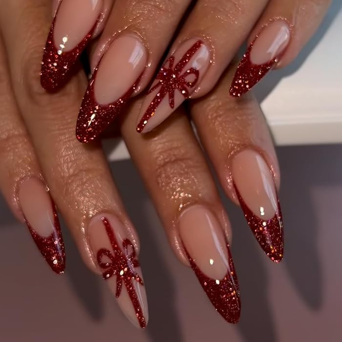 24 Pcs Christmas Press on Nails Long Stiletto Red French Tip with Glitter Design Almond Fake Nail... | Amazon (US)