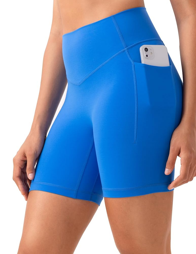 YUNOGA HugMotion Womens High Waisted Biker Shorts with Pockets 6 Inches - No Front Seam Workout G... | Amazon (US)